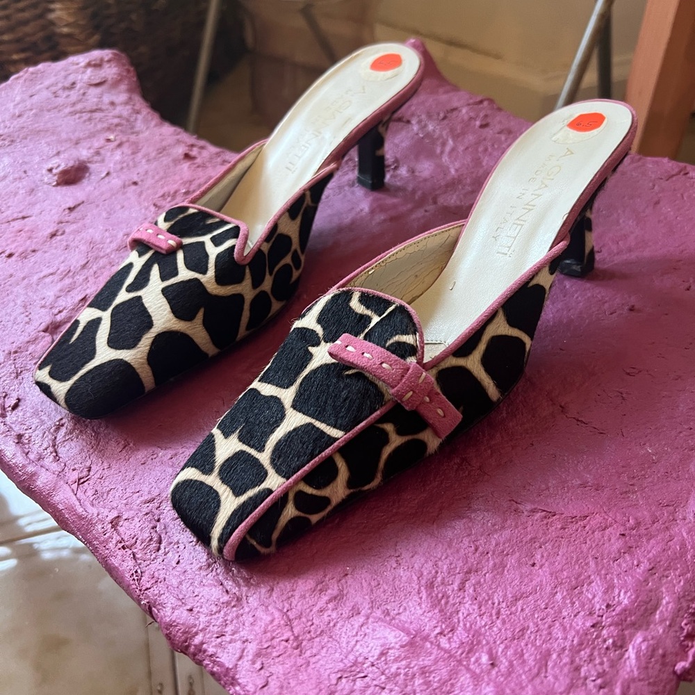 A. Giannetti Mules Pumps cow motif 6.5 (runs smaller)